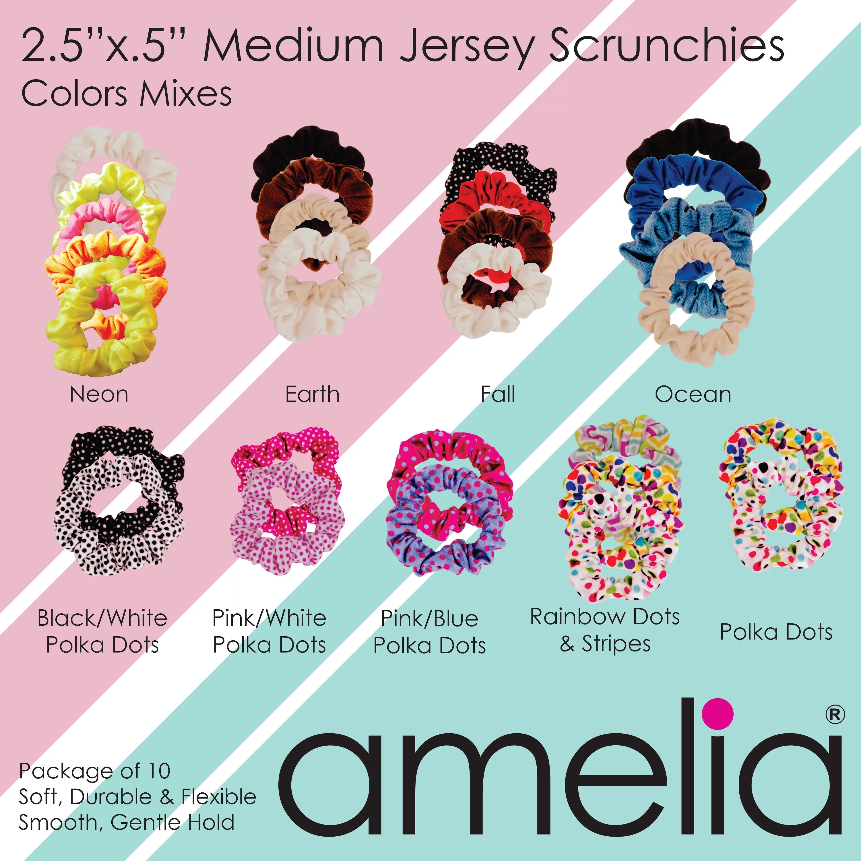 Amelia Beauty, Medium Rainbow Stripe Jersey Scrunchies, 2.5in Diameter, Gentle on Hair, Strong Hold, No Snag, No Dents or Creases. 10 Pack