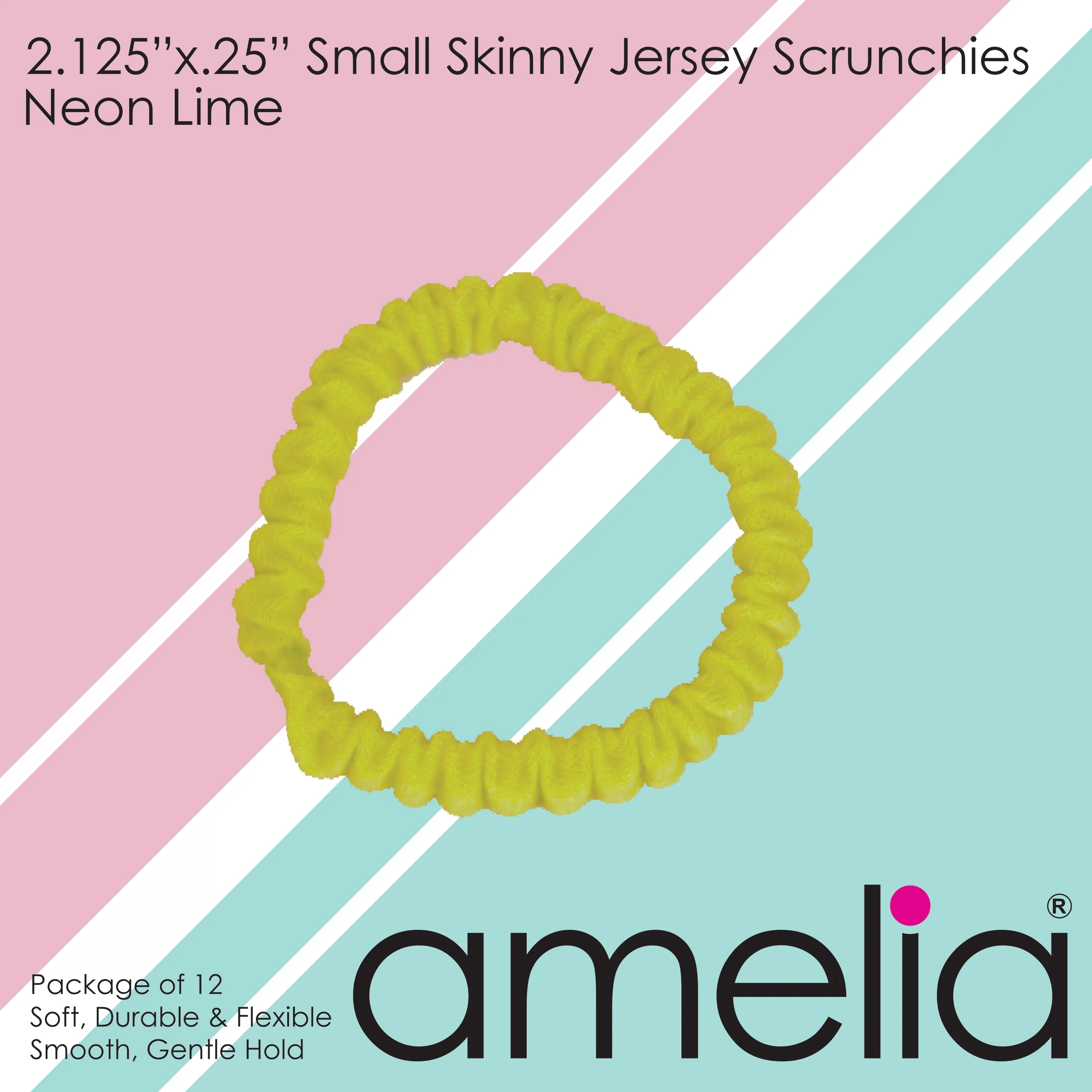 Amelia Beauty, Neon Lime Skinny Jersey Scrunchies, 2.125in Diameter, Gentle on Hair, Strong Hold, No Snag, No Dents or Creases. 12 Pack