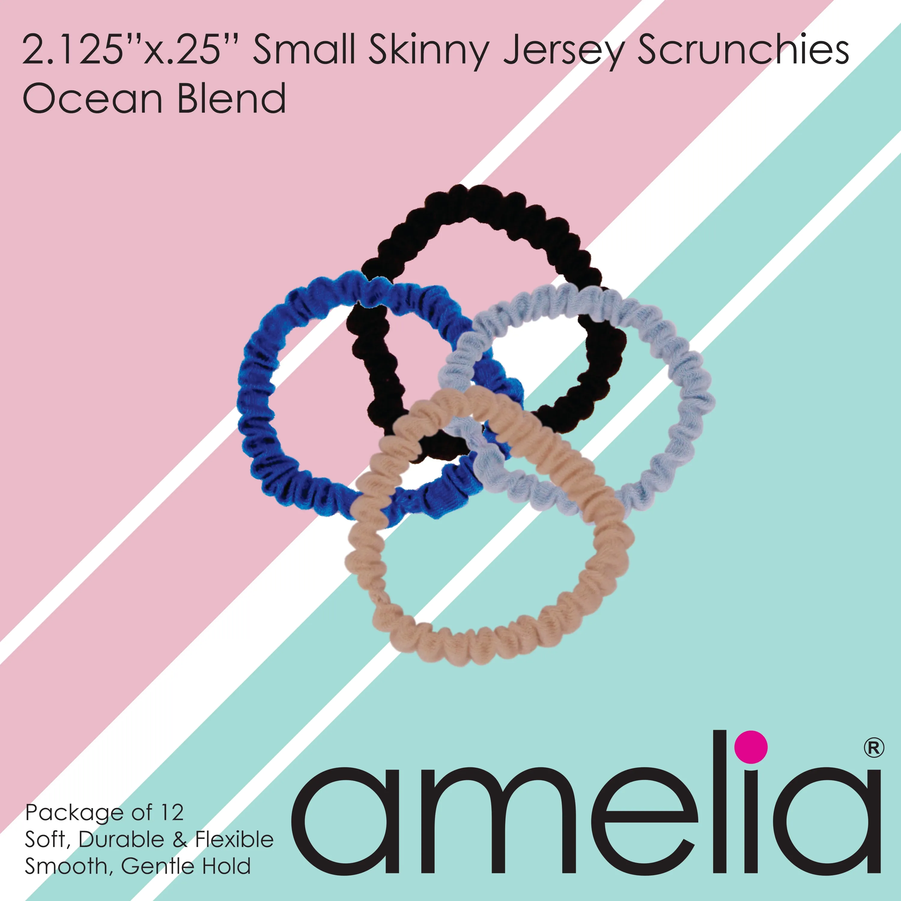 Amelia Beauty, Ocean Blend Skinny Jersey Scrunchies, 2.125in Diameter, Gentle on Hair, Strong Hold, No Snag, No Dents or Creases. 12 Pack