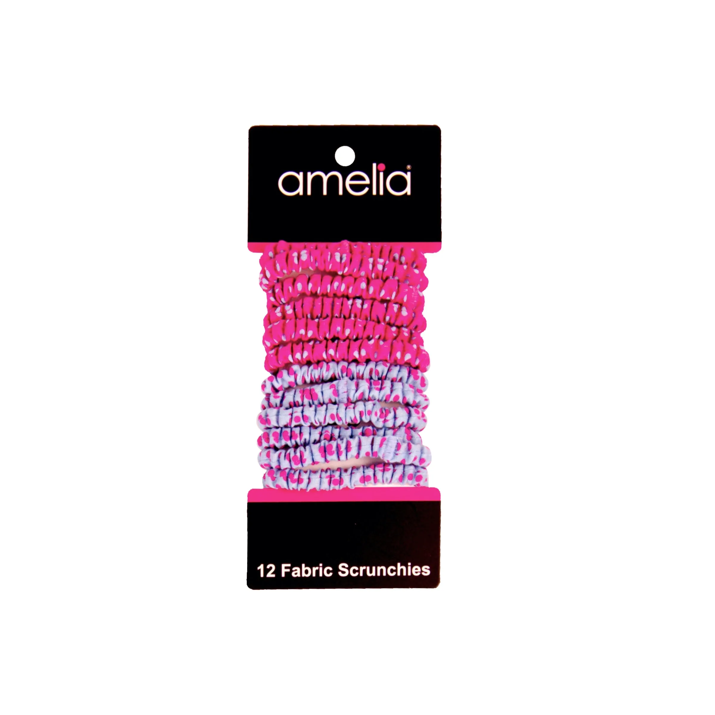 Amelia Beauty, Pink and Blue Polka Dot Mix Skinny Jersey Scrunchies, 2.125in Diameter, Gentle on Hair, Strong Hold, No Snag, No Dents or Creases. 12 Pack