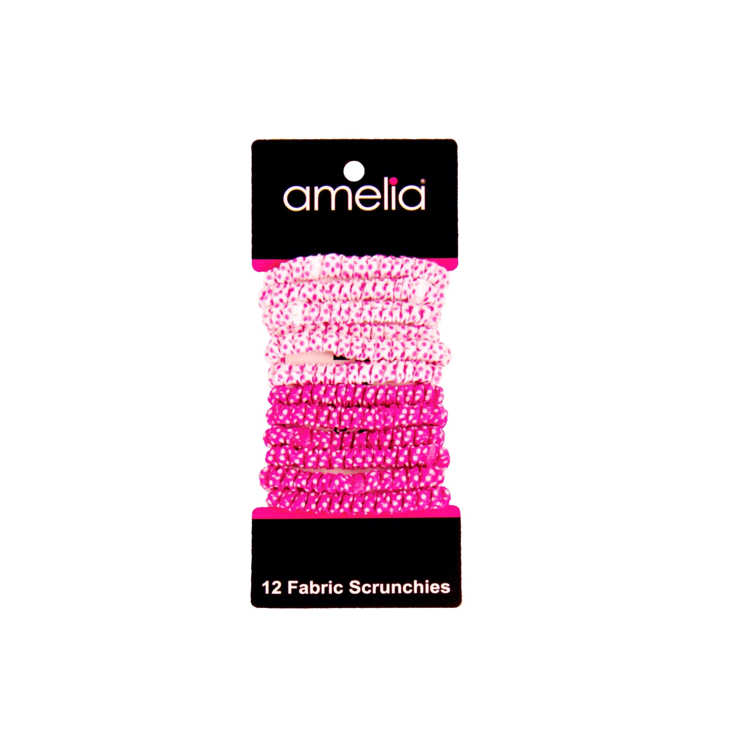 Amelia Beauty, Pink and White Dot Mix Skinny Jersey Scrunchies, 2.125in Diameter, Gentle on Hair, Strong Hold, No Snag, No Dents or Creases. 12 Pack