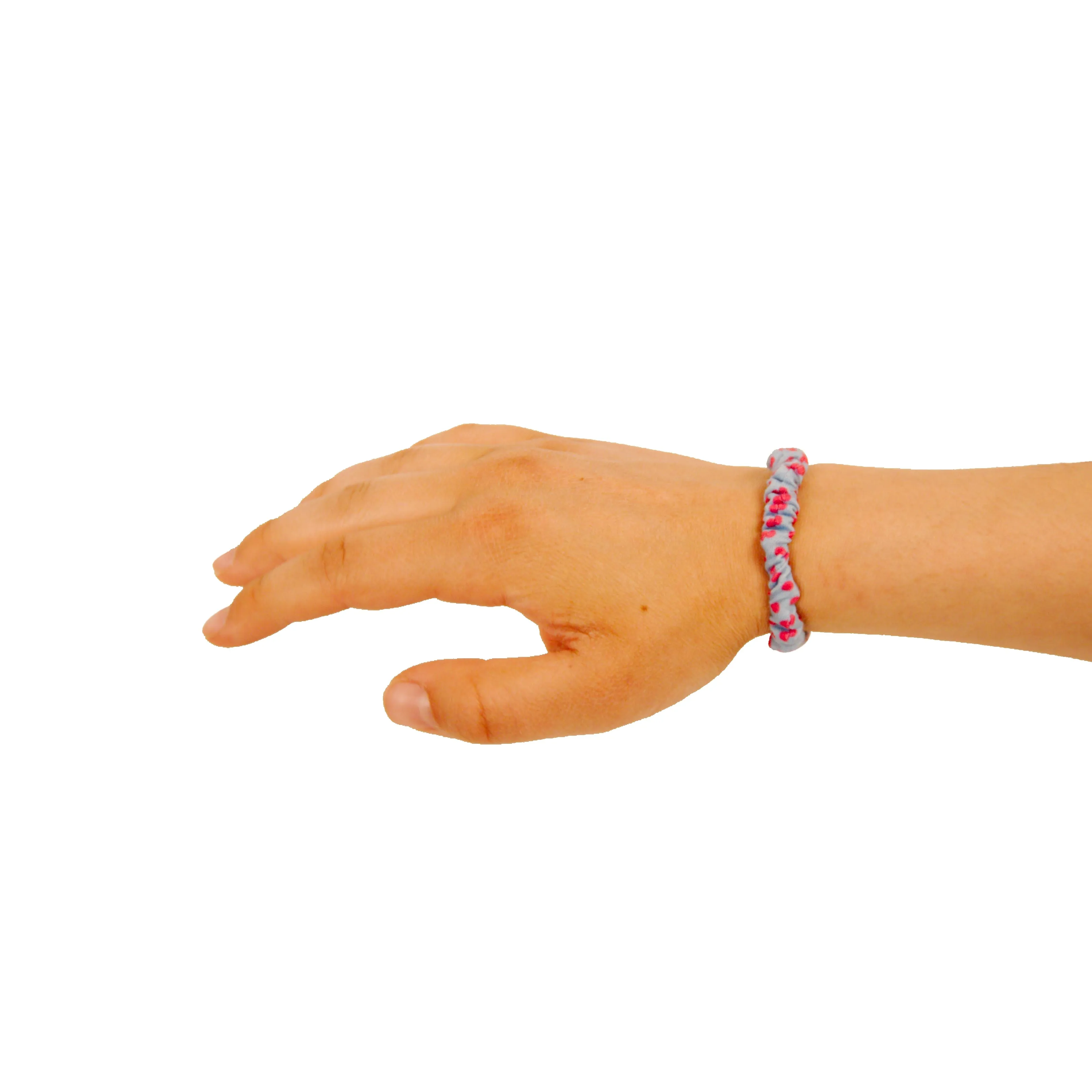 Amelia Beauty, Pink with Blue Dots Skinny Jersey Scrunchies, 2.125in Diameter, Gentle on Hair, Strong Hold, No Snag, No Dents or Creases. 12 Pack