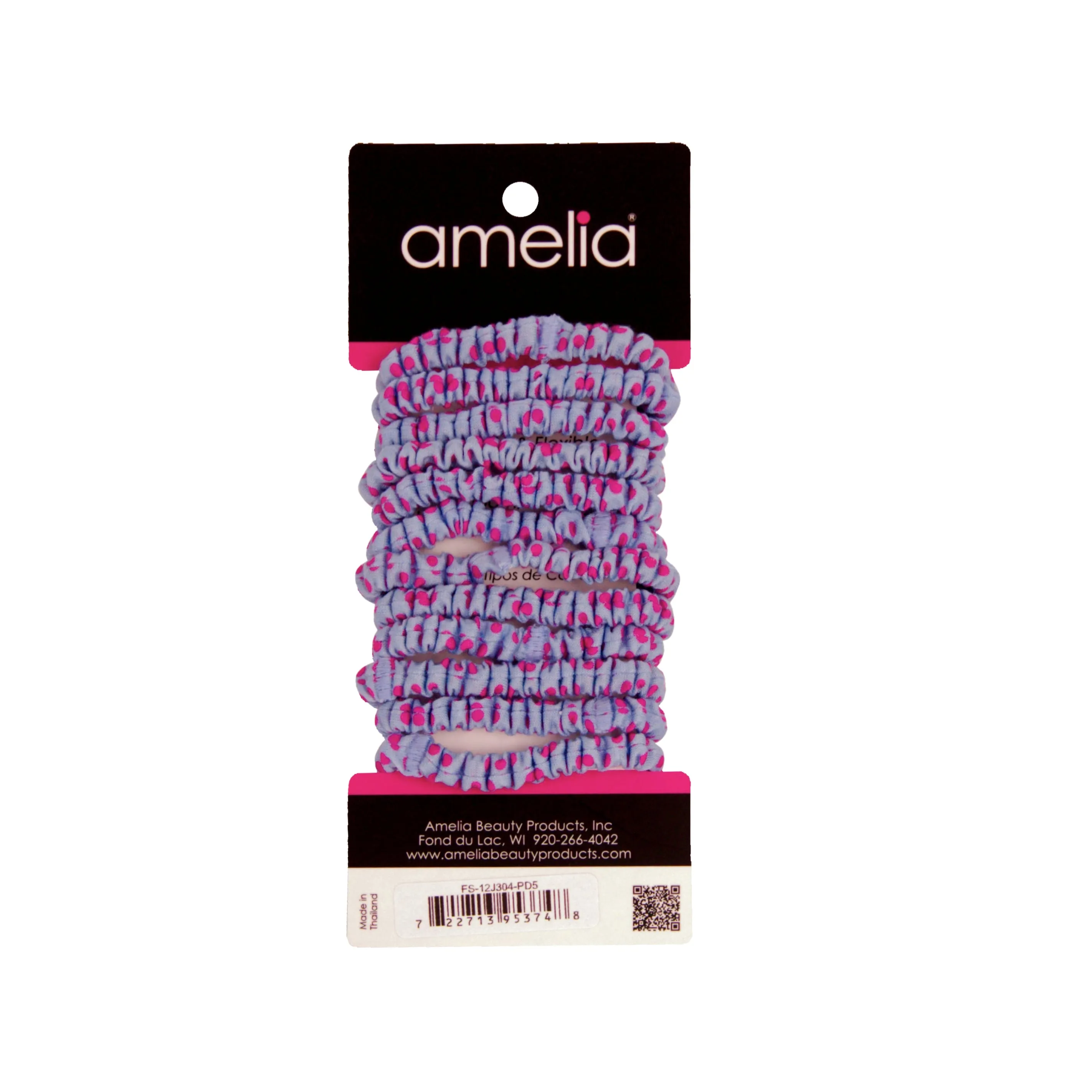 Amelia Beauty, Pink with Blue Dots Skinny Jersey Scrunchies, 2.125in Diameter, Gentle on Hair, Strong Hold, No Snag, No Dents or Creases. 12 Pack
