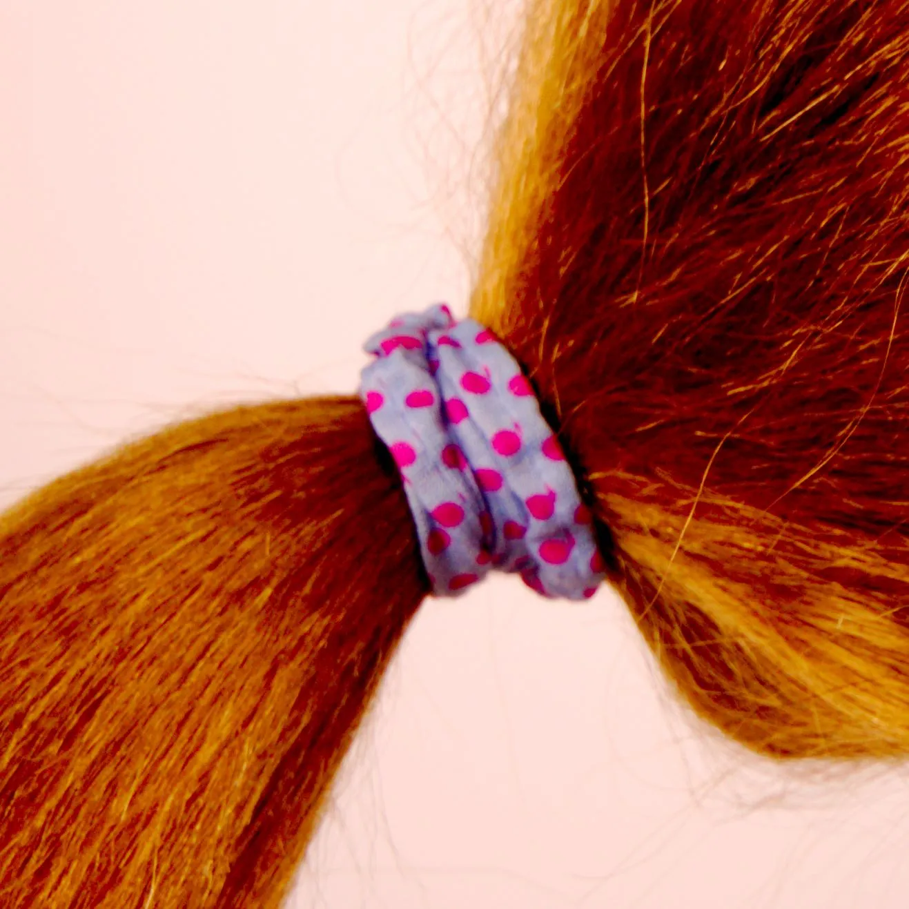 Amelia Beauty, Pink with Blue Dots Skinny Jersey Scrunchies, 2.125in Diameter, Gentle on Hair, Strong Hold, No Snag, No Dents or Creases. 12 Pack
