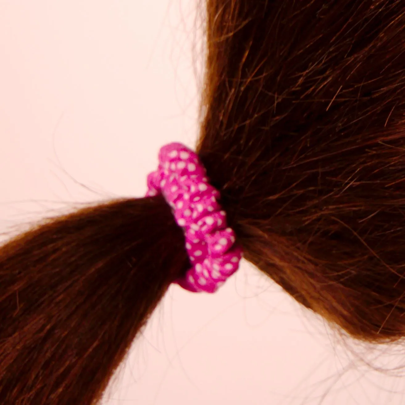 Amelia Beauty, Pink with White Dots Skinny Jersey Scrunchies, 2.125in Diameter, Gentle on Hair, Strong Hold, No Snag, No Dents or Creases. 12 Pack