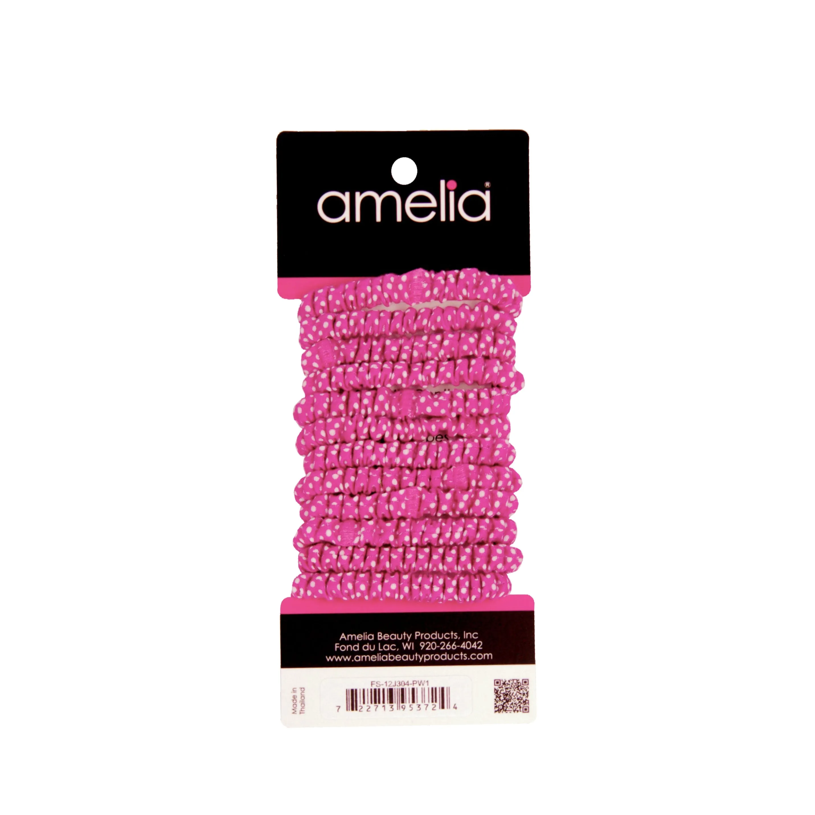 Amelia Beauty, Pink with White Dots Skinny Jersey Scrunchies, 2.125in Diameter, Gentle on Hair, Strong Hold, No Snag, No Dents or Creases. 12 Pack