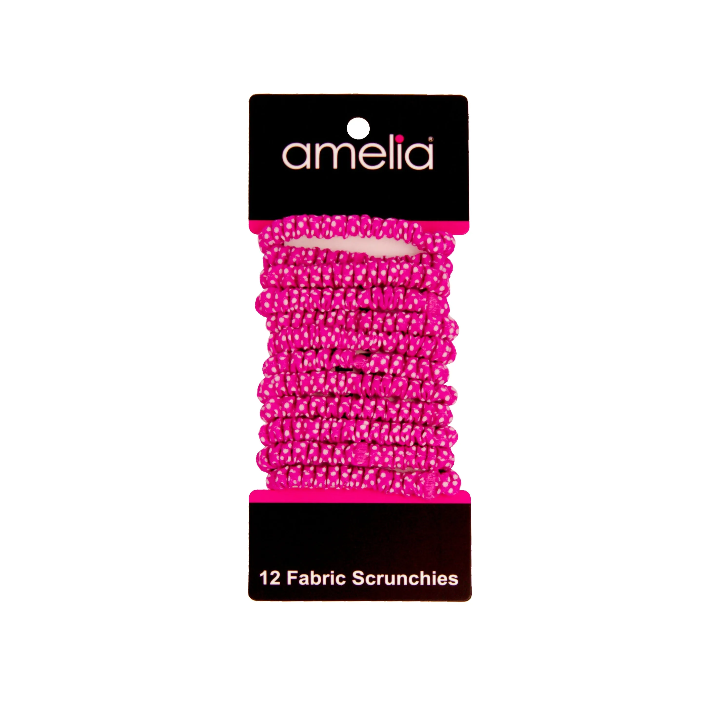 Amelia Beauty, Pink with White Dots Skinny Jersey Scrunchies, 2.125in Diameter, Gentle on Hair, Strong Hold, No Snag, No Dents or Creases. 12 Pack