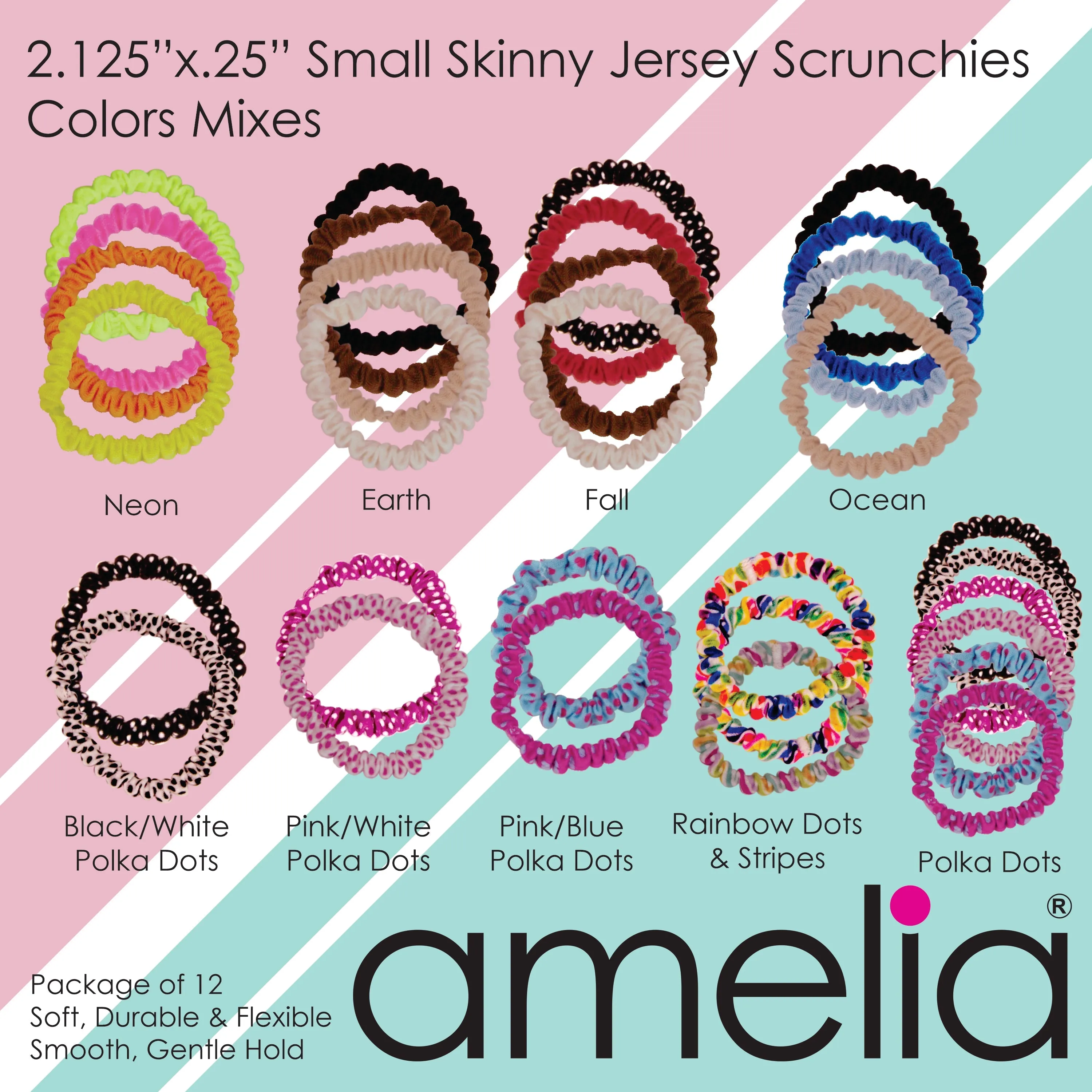 Amelia Beauty, Polka Dot Mix Skinny Jersey Scrunchies, 2.125in Diameter, Gentle on Hair, Strong Hold, No Snag, No Dents or Creases. 12 Pack