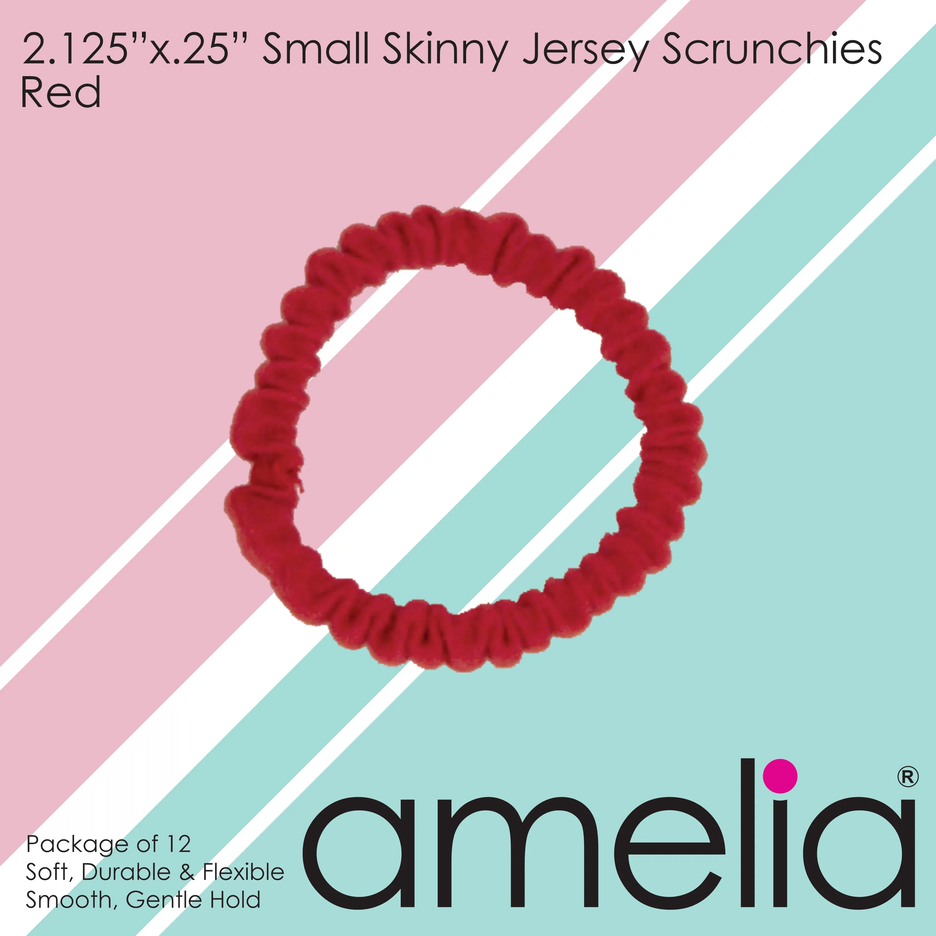 Amelia Beauty, Red Skinny Jersey Scrunchies, 2.125in Diameter, Gentle on Hair, Strong Hold, No Snag, No Dents or Creases. 12 Pack