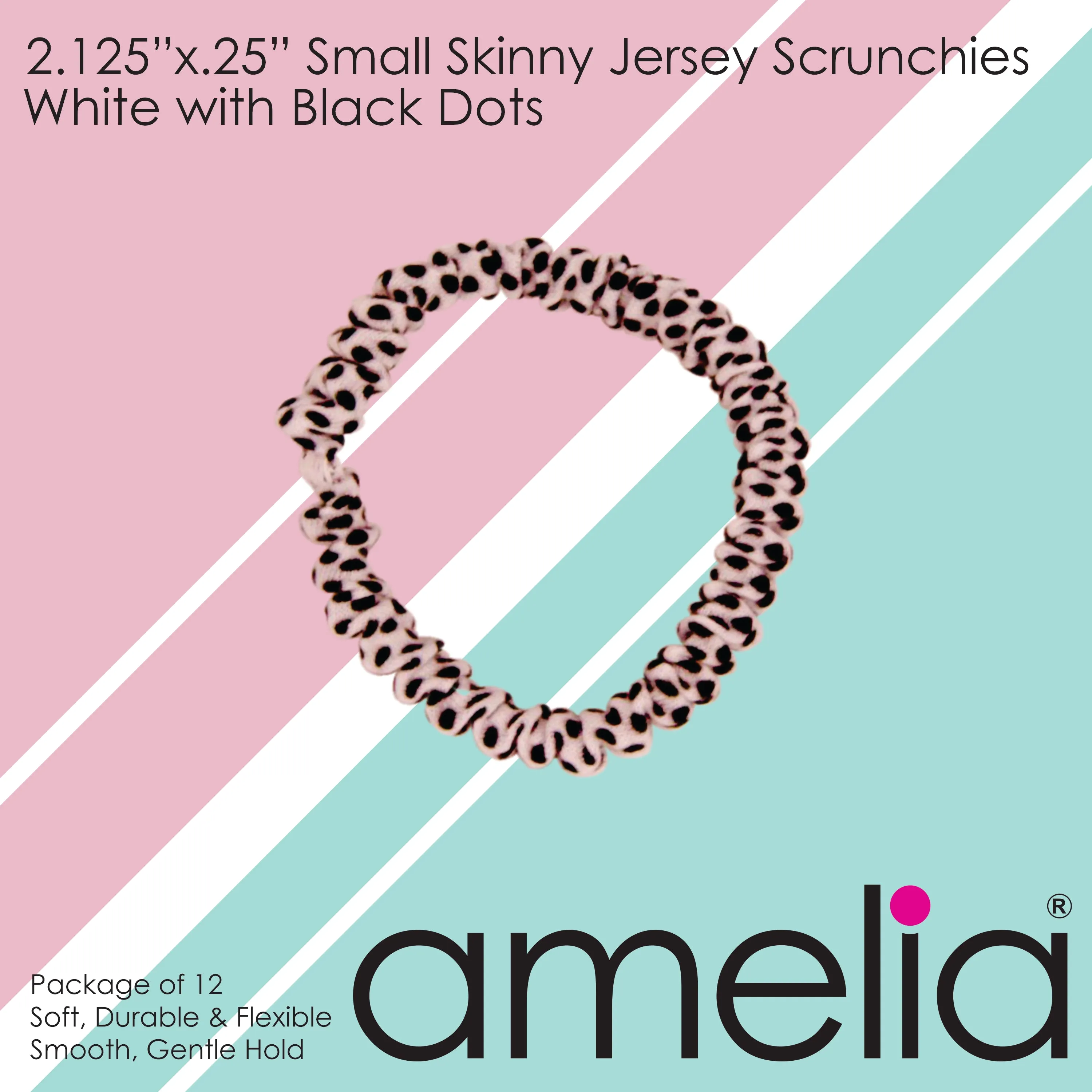Amelia Beauty, White with Black Dots Skinny Jersey Scrunchies, 2.125in Diameter, Gentle on Hair, Strong Hold, No Snag, No Dents or Creases. 12 Pack