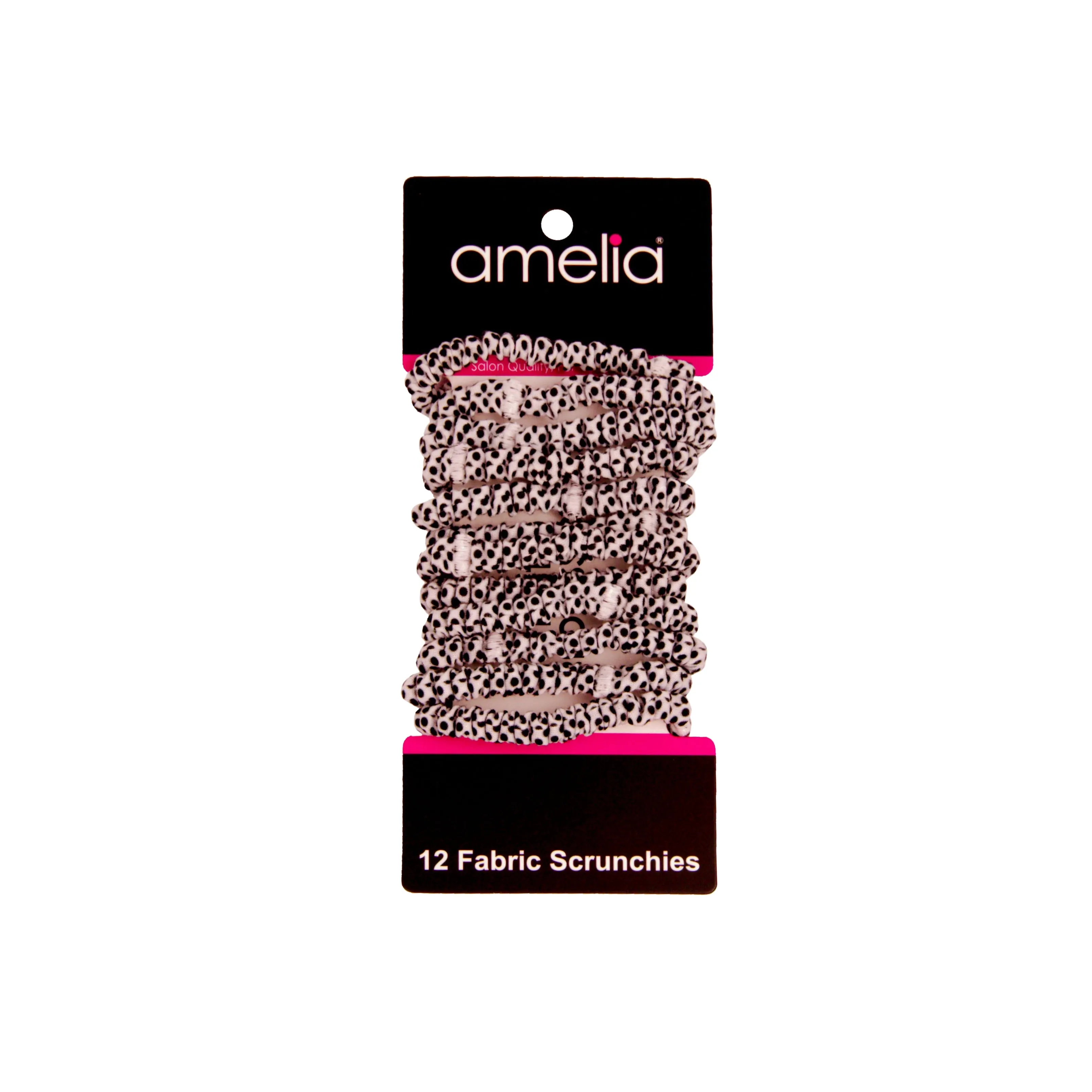 Amelia Beauty, White with Black Dots Skinny Jersey Scrunchies, 2.125in Diameter, Gentle on Hair, Strong Hold, No Snag, No Dents or Creases. 12 Pack
