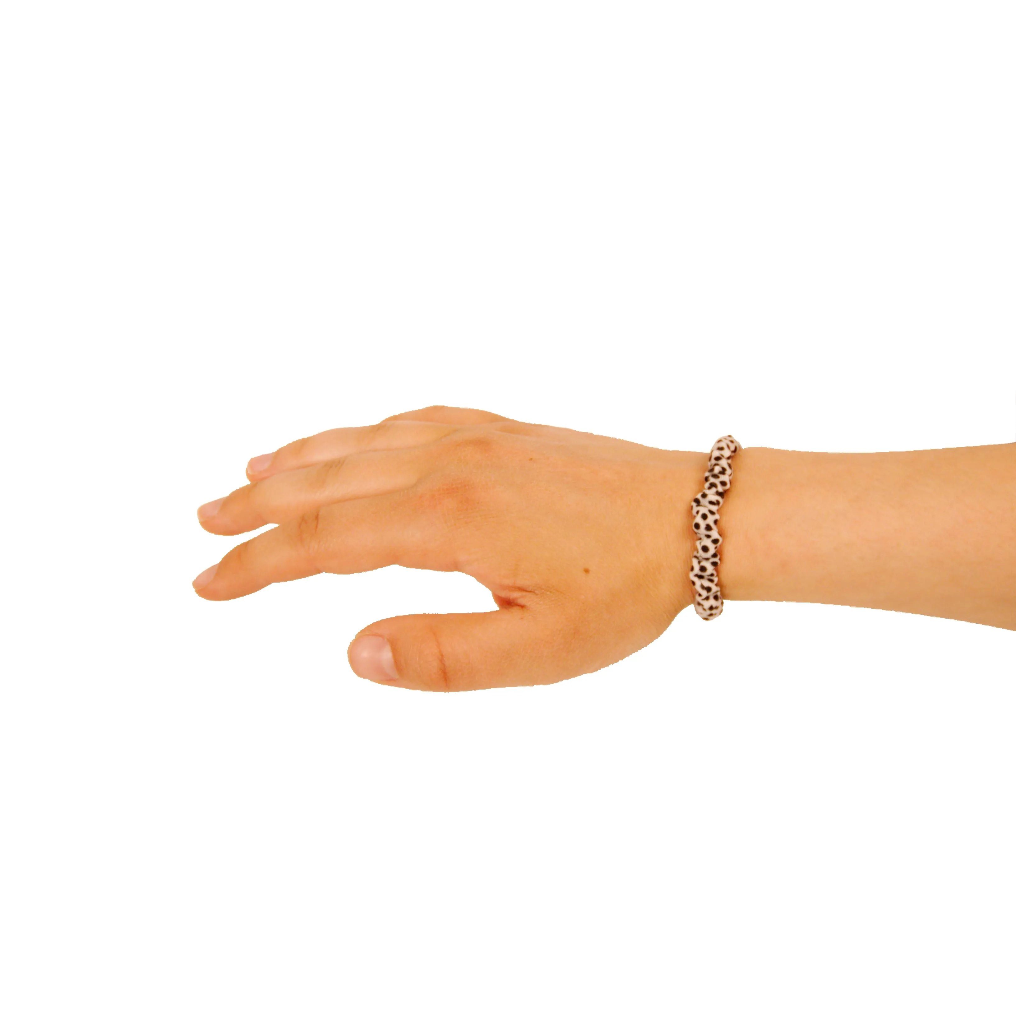 Amelia Beauty, White with Black Dots Skinny Jersey Scrunchies, 2.125in Diameter, Gentle on Hair, Strong Hold, No Snag, No Dents or Creases. 12 Pack