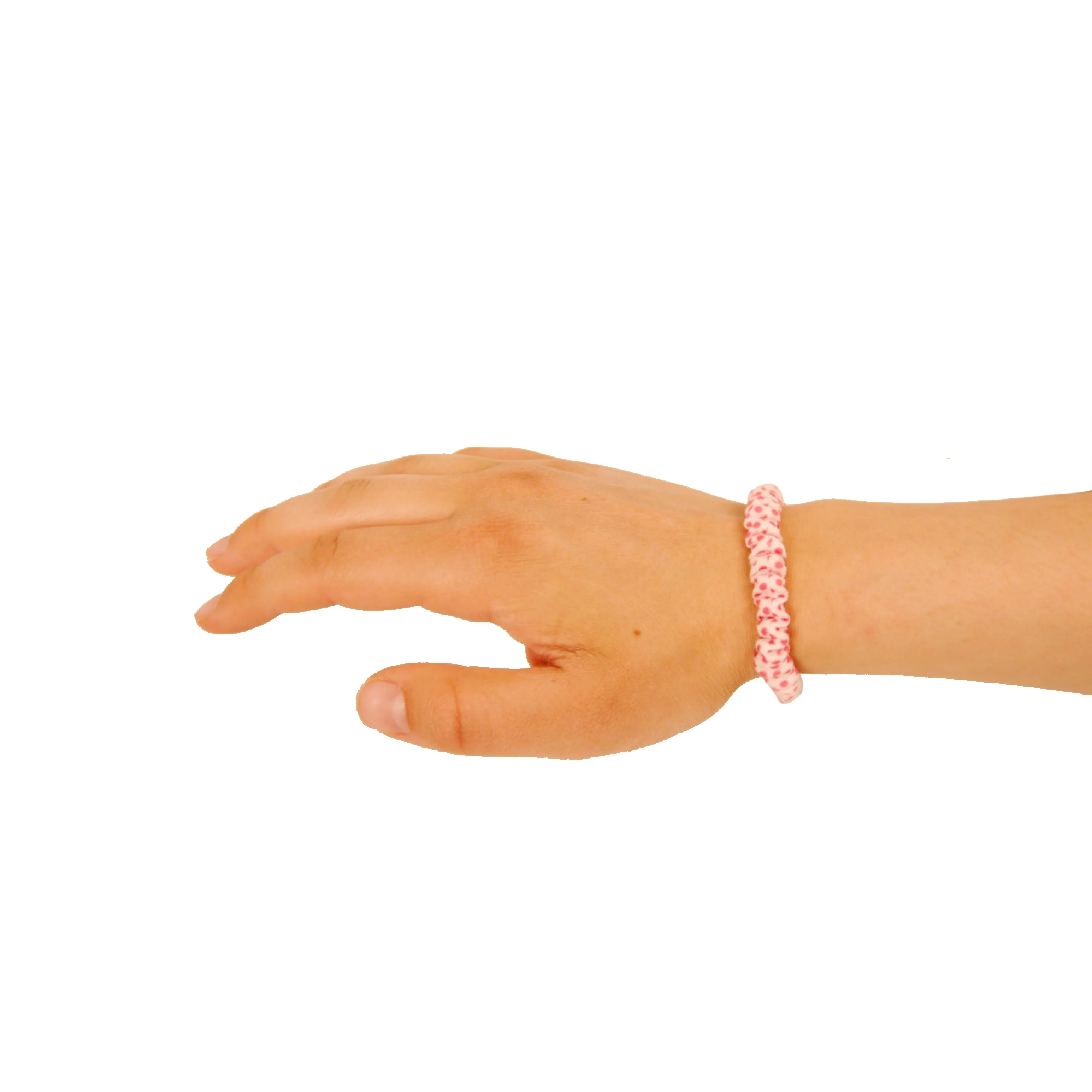Amelia Beauty, White with Pink Dots Skinny Jersey Scrunchies, 2.125in Diameter, Gentle on Hair, Strong Hold, No Snag, No Dents or Creases. 12 Pack