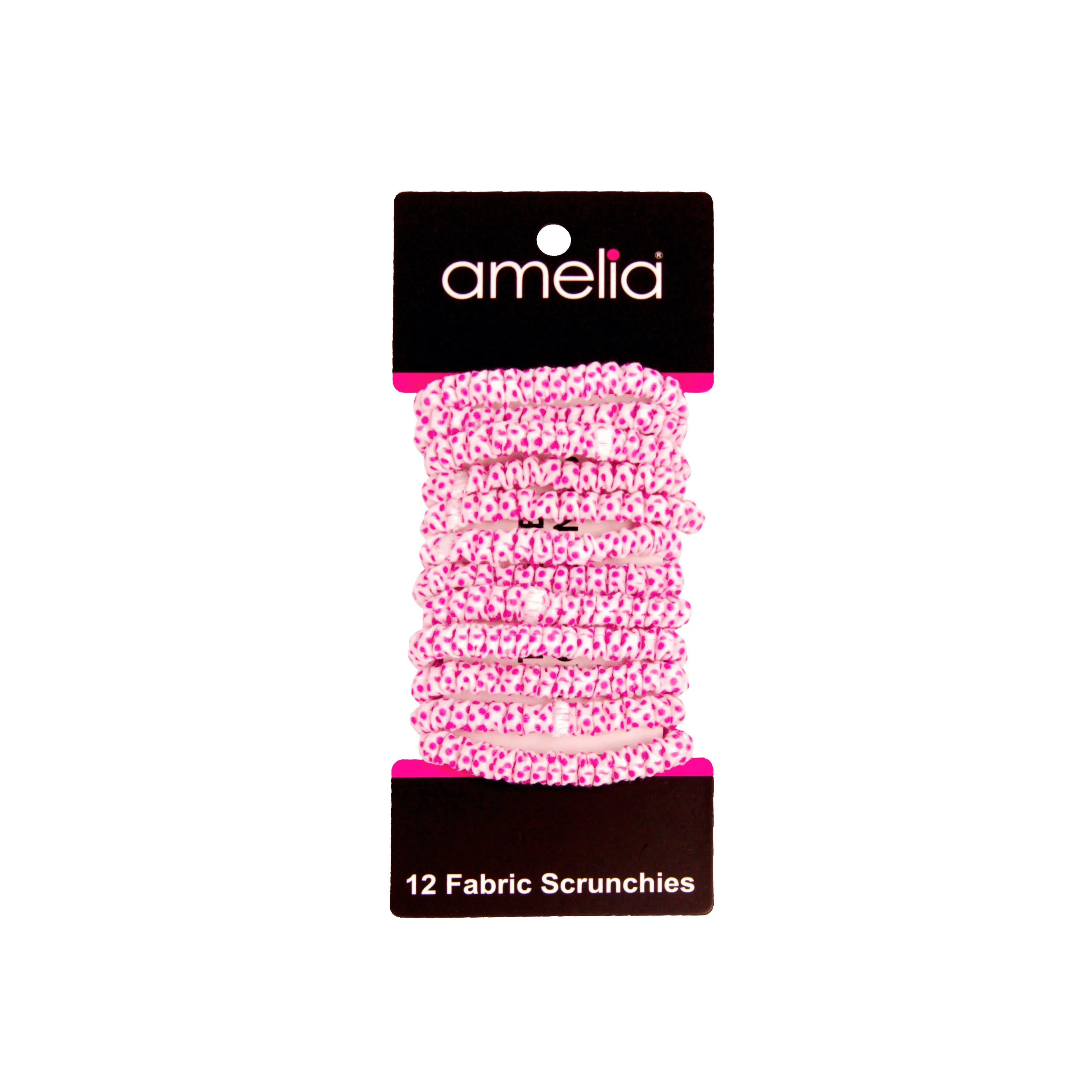 Amelia Beauty, White with Pink Dots Skinny Jersey Scrunchies, 2.125in Diameter, Gentle on Hair, Strong Hold, No Snag, No Dents or Creases. 12 Pack