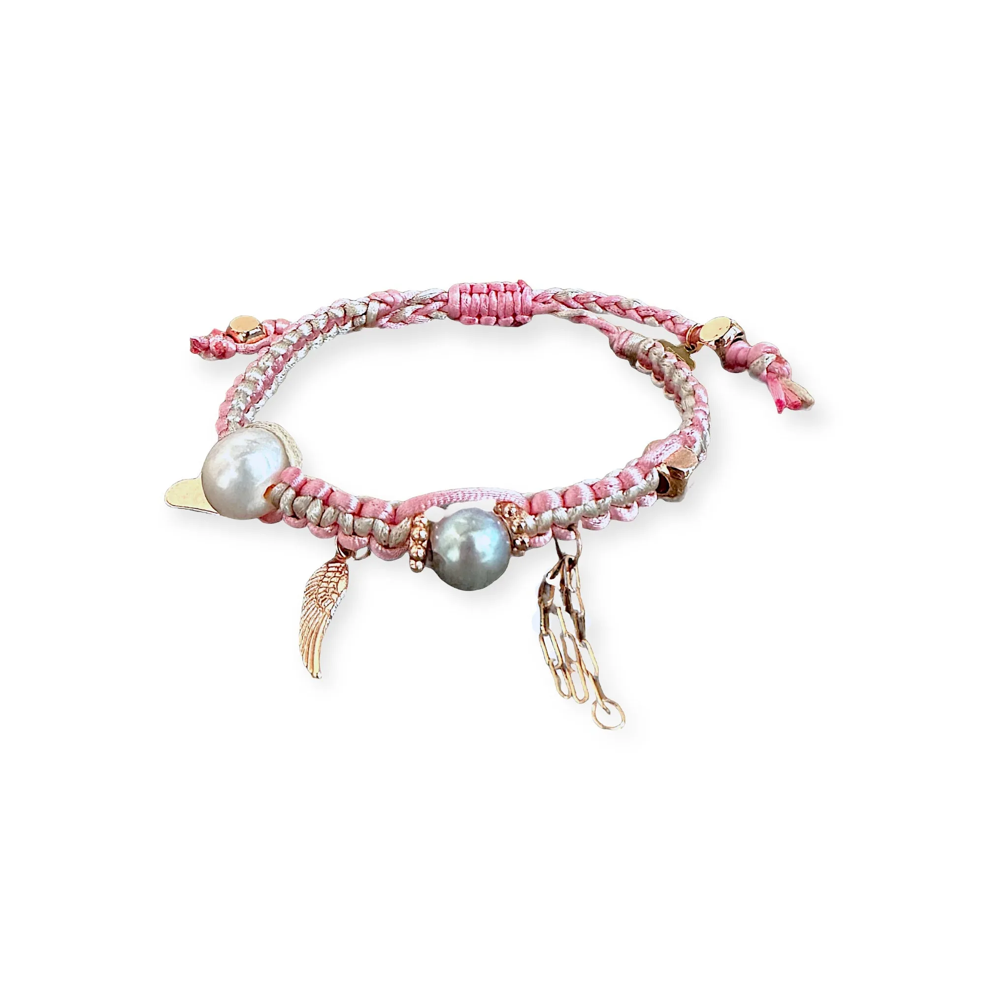 ANGEL BARBIE PEARL ROSE GOLD LUCKY CHARM AND CHAIN SILK ROCKER BRACELET