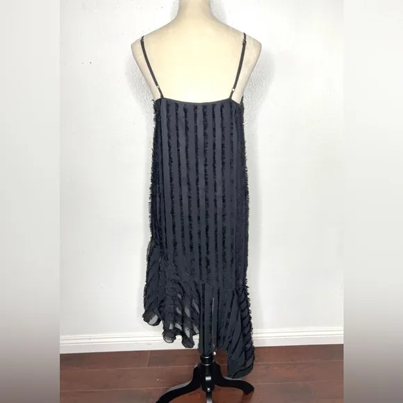ANTHROPOLOGIE Eri   Ali Fringed Slip Dress Black Asymmetrical Midi Size XS