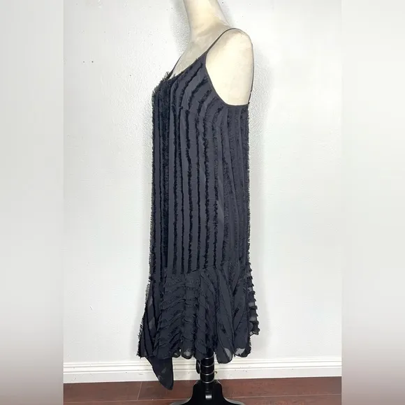 ANTHROPOLOGIE Eri   Ali Fringed Slip Dress Black Asymmetrical Midi Size XS