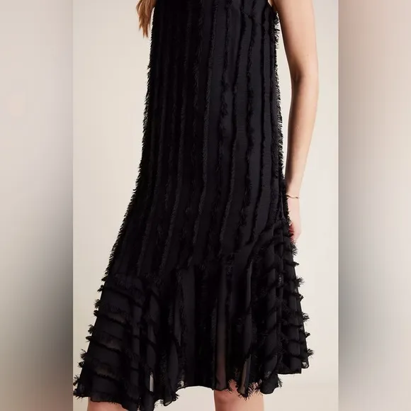 ANTHROPOLOGIE Eri   Ali Fringed Slip Dress Black Asymmetrical Midi Size XS