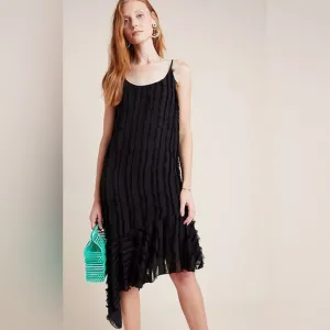 ANTHROPOLOGIE Eri   Ali Fringed Slip Dress Black Asymmetrical Midi Size XS