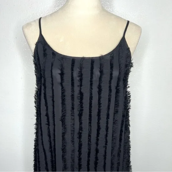 ANTHROPOLOGIE Eri   Ali Fringed Slip Dress Black Asymmetrical Midi Size XS