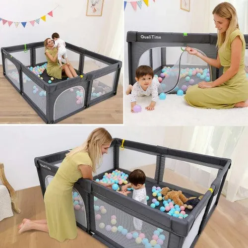Awesome Baby Playpen, 200 x 180 cm Extra Large Playyard, Reliable Kids Activity Center W Anti-Slip Suckers & Super Soft Breathable Mesh for Babies, Toddlers (Dark Grey)