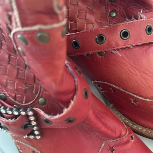 Awol Coral Woven Leather Rhistone Buckle Studded Cowboy Boots Size 8