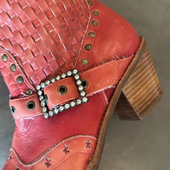 Awol Coral Woven Leather Rhistone Buckle Studded Cowboy Boots Size 8