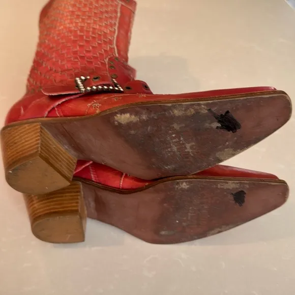 Awol Coral Woven Leather Rhistone Buckle Studded Cowboy Boots Size 8