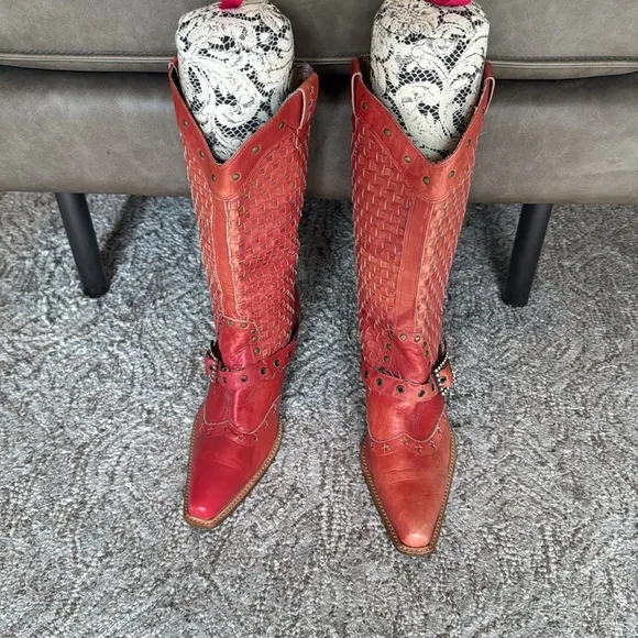Awol Coral Woven Leather Rhistone Buckle Studded Cowboy Boots Size 8