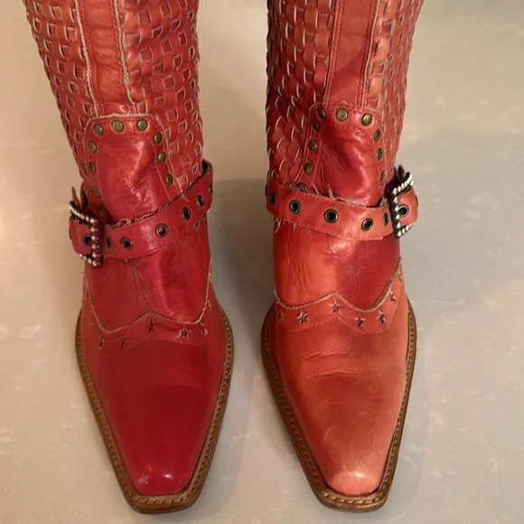 Awol Coral Woven Leather Rhistone Buckle Studded Cowboy Boots Size 8