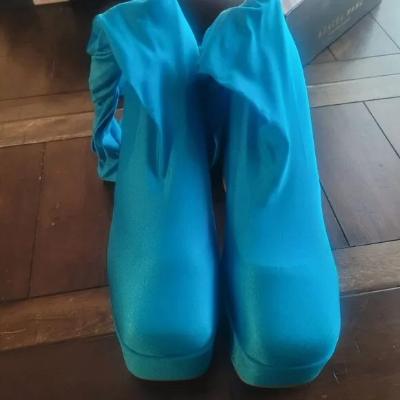 Azalea Wang Heyhey-Turquoise Stretch LEgging Platform Boots US Size 10