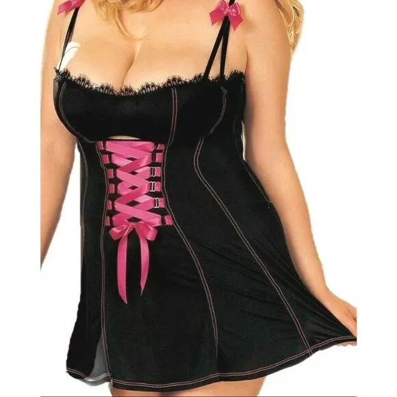 🦋B2G1🦋SHIRLEY OF HOLLYWOOD Stretch Knit Lace Trim Chemise Dress Tie Up Lingerie