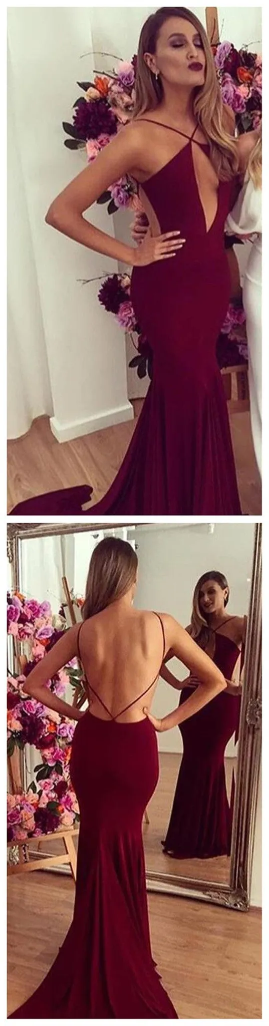 Backless Mermaid Burgundy Evening Sexy Long Prom Dresses, BG51192