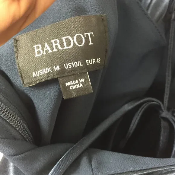 Bardot Estelle Navy Satin Drape Midi Dress Size 10/ Large