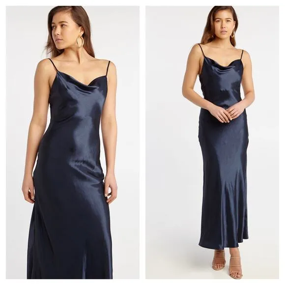 Bardot Estelle Navy Satin Drape Midi Dress Size 10/ Large