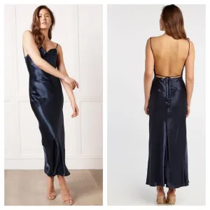 Bardot Estelle Navy Satin Drape Midi Dress Size 10/ Large