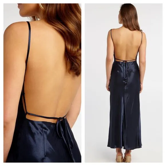 Bardot Estelle Navy Satin Drape Midi Dress Size 10/ Large