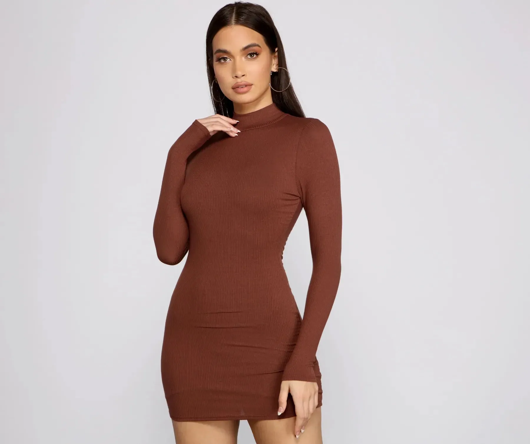 Basic Ribbed Knit Long Sleeve Mini Dress