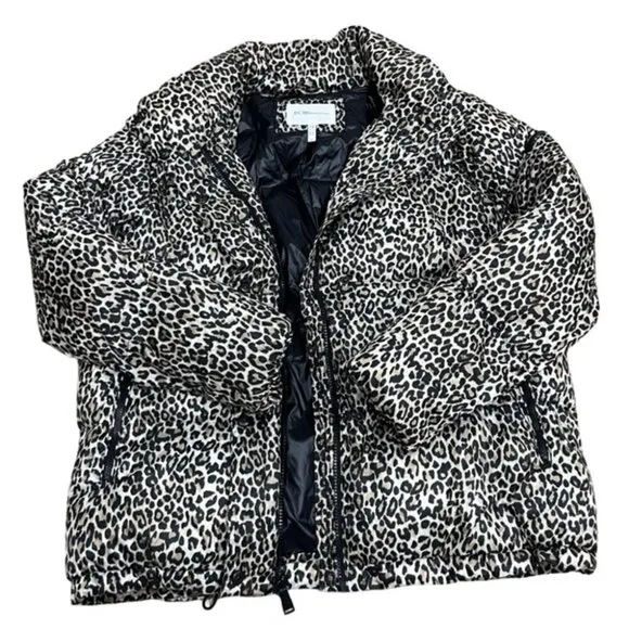 BCBGeneration Leopard-Print Hooded Puffer Coat, Size Small