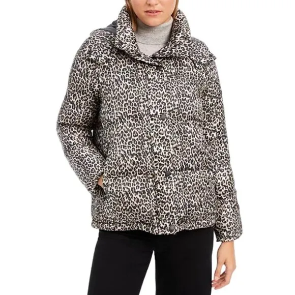 BCBGeneration Leopard-Print Hooded Puffer Coat, Size Small