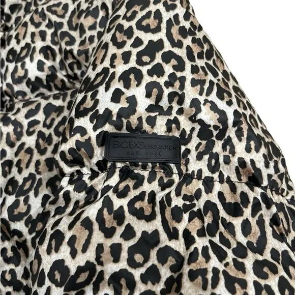 BCBGeneration Leopard-Print Hooded Puffer Coat, Size Small