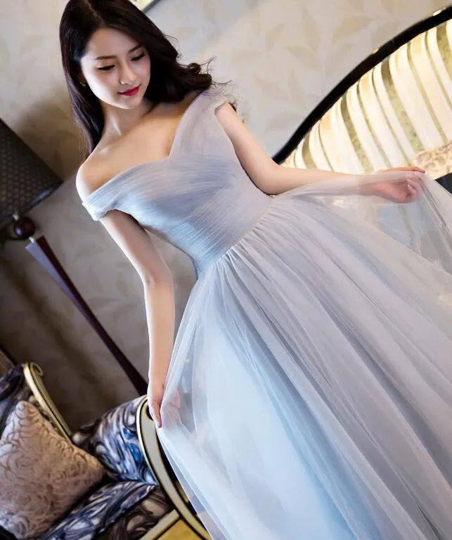 Beautiful Grey Off Shoulder Long Bridesmaid Dress, Simple Prom Dress