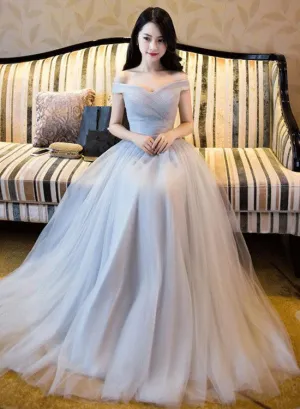 Beautiful Grey Off Shoulder Long Bridesmaid Dress, Simple Prom Dress
