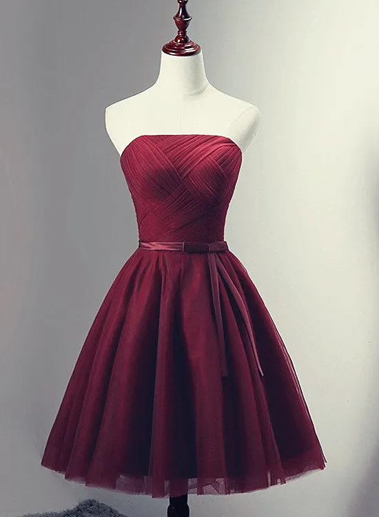 Beautiful Simple Wine Red Tulle Short Party Dress, Knee Length Prom Dress