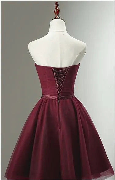 Beautiful Simple Wine Red Tulle Short Party Dress, Knee Length Prom Dress