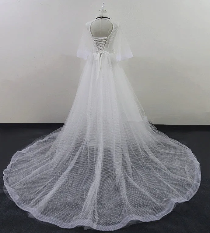 Beautiful White Tulle with Sleeves Long Party Gown, White Evening Dress