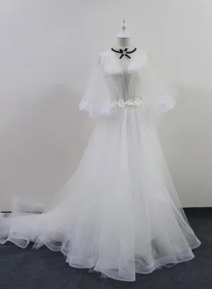 Beautiful White Tulle with Sleeves Long Party Gown, White Evening Dress
