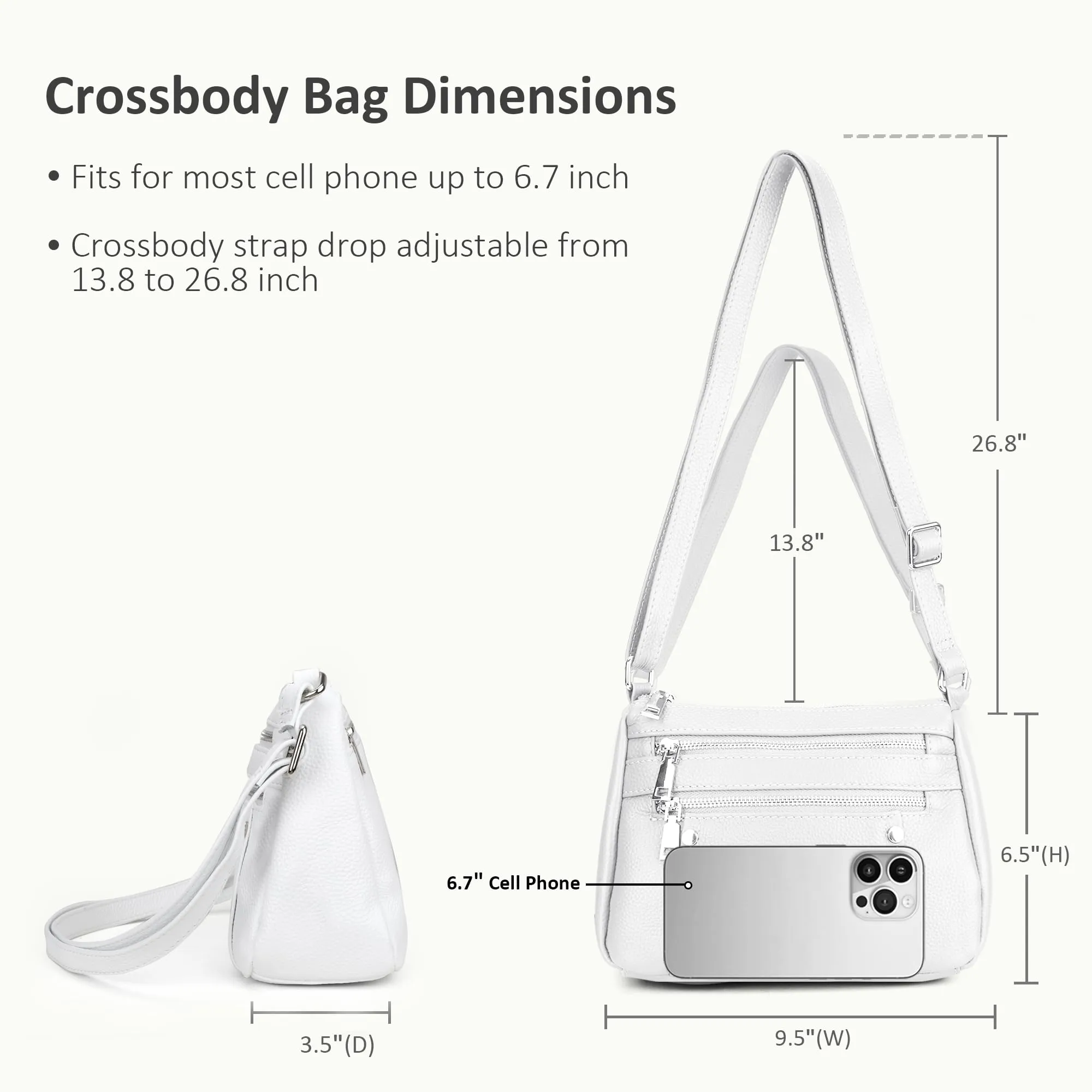 befen White Genuine Leather Crossbody Purses for Women Pocketbooks Small Lightweight Shoulder Bags Satchel Purse with Multi Zipper Pockets