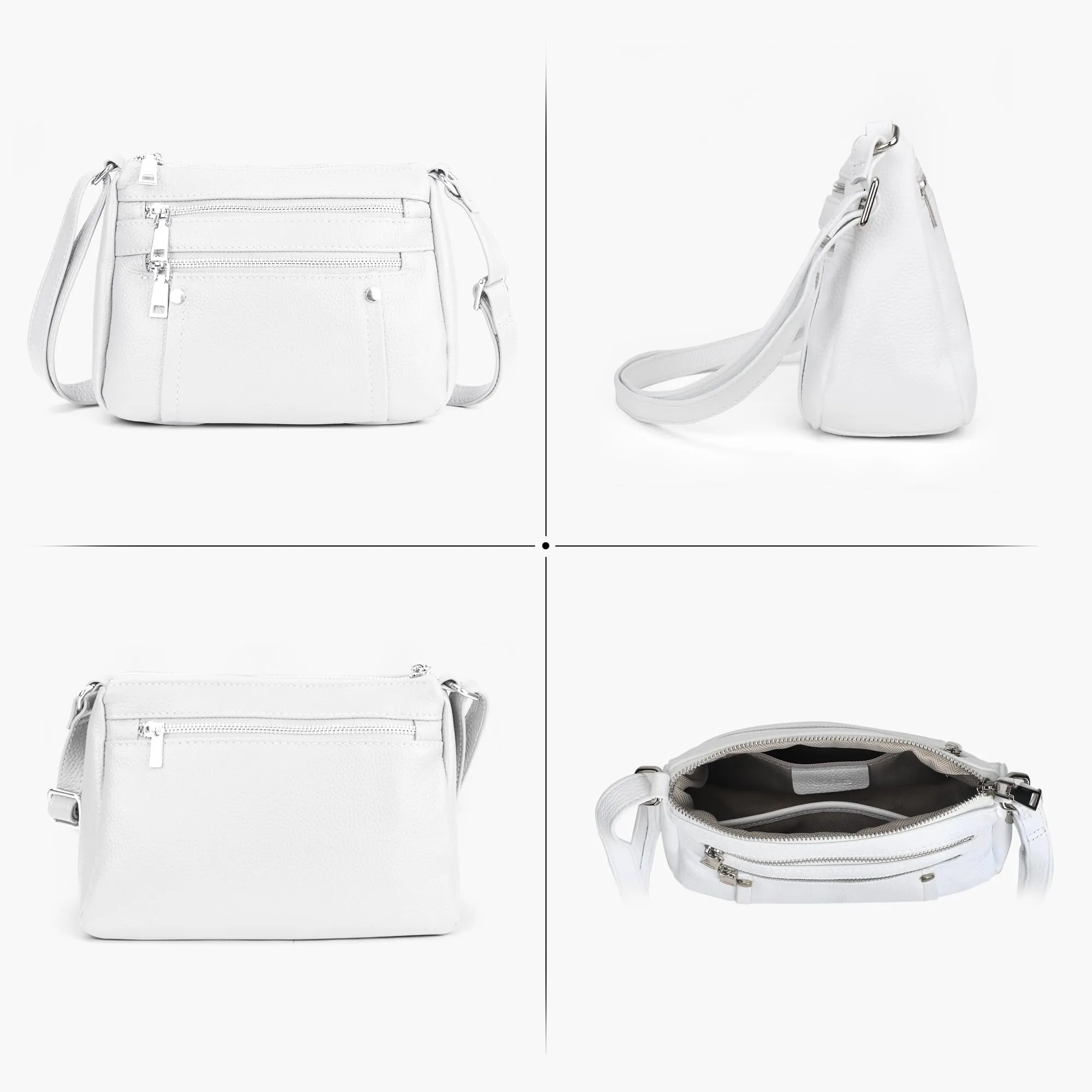 befen White Genuine Leather Crossbody Purses for Women Pocketbooks Small Lightweight Shoulder Bags Satchel Purse with Multi Zipper Pockets
