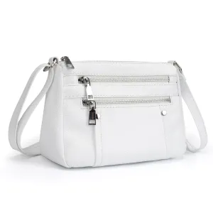 befen White Genuine Leather Crossbody Purses for Women Pocketbooks Small Lightweight Shoulder Bags Satchel Purse with Multi Zipper Pockets
